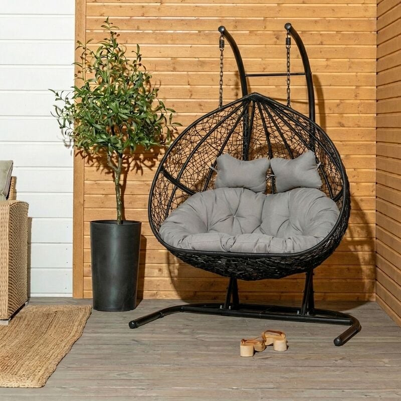 Tupla 2-istuttava riipputuoli telineellä musta/harmaat pehmusteet